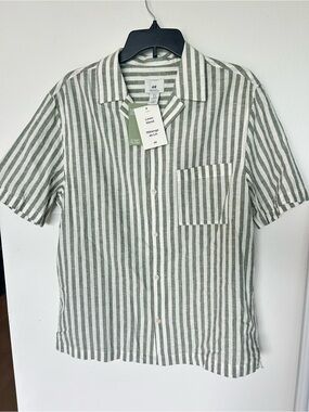 H&M Short-Sleeve Vertical Stripe Collar Shirt NWT size medium linen blend